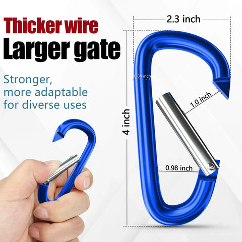 Heavy Duty Aluminum Carabiners Set of 4 Blue 4 Inch D Ring Clips With Spring Snap Hooks For Camping Hiking Keychains Dog Leashes Hammocks And Outdoor Gear Tough As Nails Durable Rock Climbing Clips, showing dimensions and thicker wire