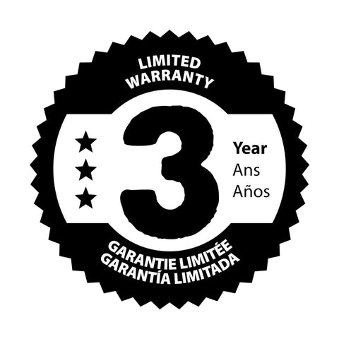 Black and white badge displaying a "3 Year Limited Warranty" in English, French, and Spanish with stars.