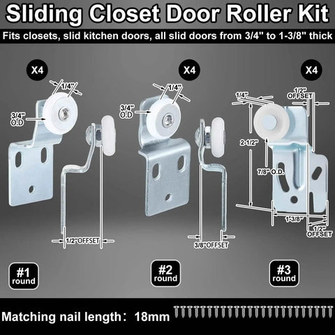 12 Piece Sliding Closet Door Roller Kit For Top Hung Bypass Wardrobe Doors With Three Quarter Inch Wheels In Two Offsets One Half Inch And Three Eighths Inch And Seven Eighths Inch Nylon Wheels With One Half Inch Offset on display