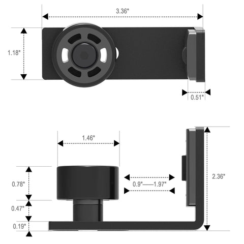 Sliding Barn Door Floor Guide With Adjustable Wall Mount And Bottom Double Nylon Rollers, Built To Last Heavy Duty Steel Frame, Black Finish For Smooth, Quiet Sliding, Fits 1 To 2 Inch Door Thickness, 3.66 By 1.18 By 2.36 Inches, Scratch Resistant shown in front and side view with dimensions.