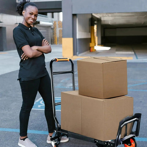 Person beside Folding Hand Truck For Heavy Lifting And Moving Luggage Shopping Office Travel With Four Wheel Rotation Durable Steel Frame