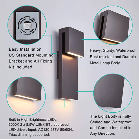 Sleek Outdoor Indoor LED Wall Sconce With Two Lights, 17W Total, Bronze Finish, 1600 Lumens, 3000K Warm White, 90 CRI, Dimmable