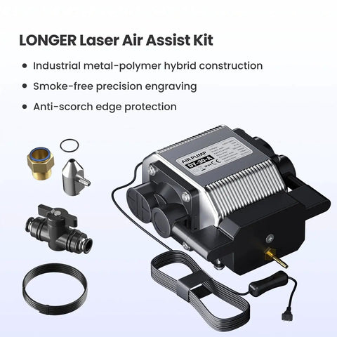 Pro Grade Longer Cut Engraver Air Assist Kit with air pump and upgraded switch for Ray5 10W and 20W laser engravers.