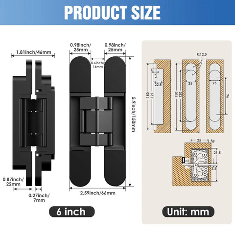 Diagram showing Hidden Door Hinges For Secret Doors 6 Inch By 2.5 By 1 3 Way Adjustable Butt with measurements in black.