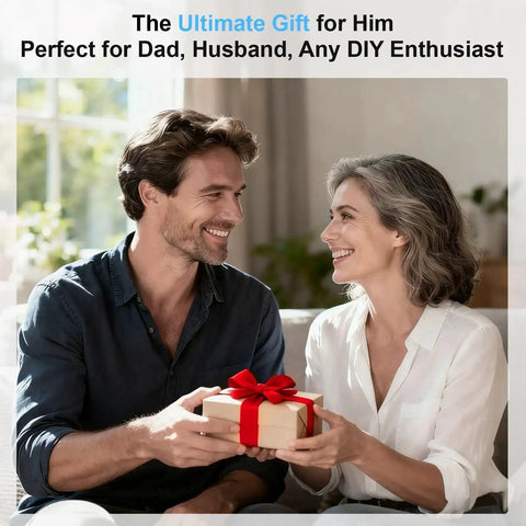 Smiling couple exchanging a gift, labeled as the ultimate gift for him, perfect for any DIY enthusiast, with text overlay.