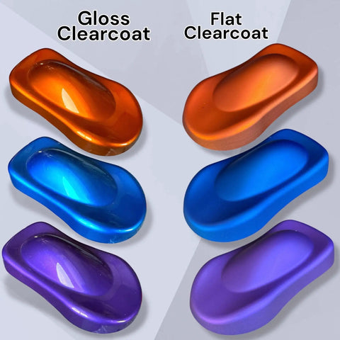 Gloss and flat finishes of 2K Clearcoat Automotive Paint Kit With Hardener Topcoat For Cars 1.25 Gallon shown in various colors.