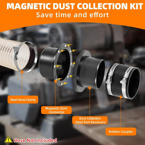 Magnetic Dust Collection Fittings displaying steel hose clamp, magnetic duct connector, and rubber coupler with hose connectors.