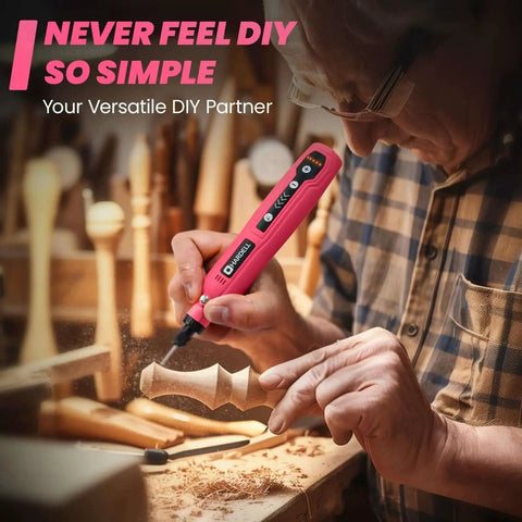 Person using Mini Cordless Rotary Tool Kit With 69 Accessories, 5 Speed 5000 8000 11000 14000 18000 RPM, 3.7V USB Rechargeable, Pink