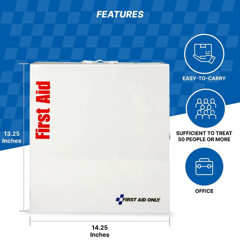 Heavy Duty 241 Piece First Aid Kit For 50 Plus People In Industrial And Office Settings With Large Metal Cabinet ANSI A Plus And OSHA Compliant SmartTab Refill System First Aid Only, metal cabinet front view