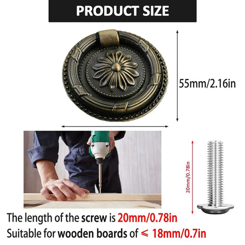 Measured vintage oil rubbed bronze ring pull with floral pattern, 55mm diameter, antiqued copper color, suitable screw size shown