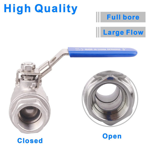 DERNORD stainless steel 304 ball valve with blue lever handle, full port, 3/4 inch NPT, locking device