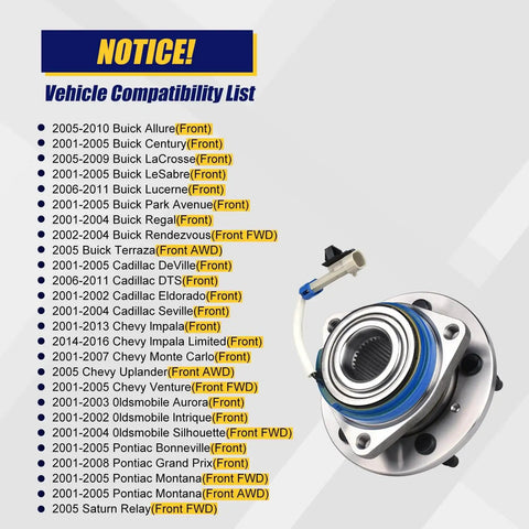 Compatibility list for Wheel Hub and Bearing Assembly 513179 for 2001-2016 Buick Cadillac Chevy Pontiac Saturn, Front 5-Lug Bolt with ABS