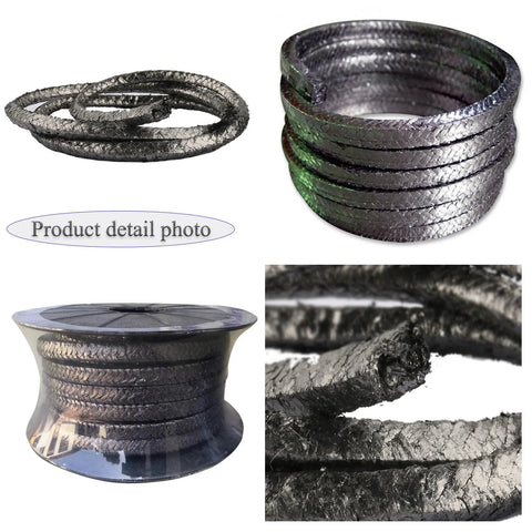 Graphite braided compression packing, 0.98" dia, 23 ft per roll, 2 rolls
Close-up of graphite braided packing texture, rough braided surface
Spool of graphitized braided packing on plastic bobbin
Stacked coils of graphite braided packing showing flexible strands