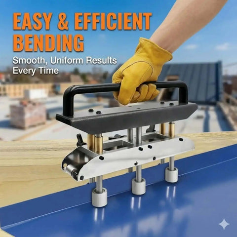 3 Station Edge Roller Bender for sheet metal roofing, shown in use on-site for bending steel and aluminum sheets 0 to 90 degrees.