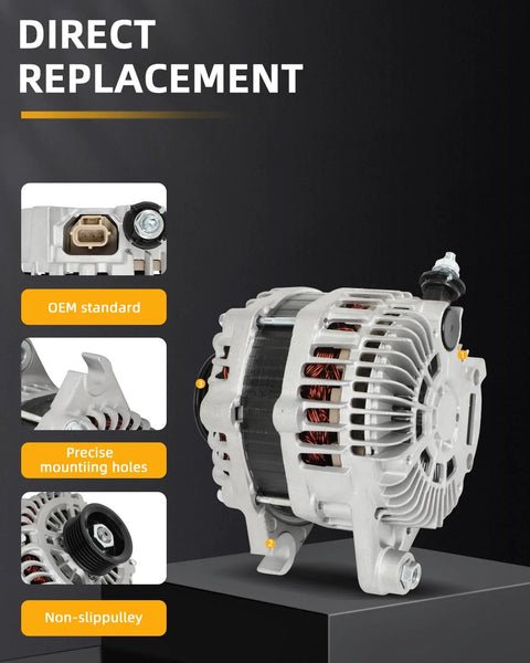 110 Amp 12 Volt Alternator Replacement Drop In For Mazda 6 2009 To 2013 3.7L And Mazda CX 9 2007 To 2015 3.5L And 3.7L With 6 Groove Pulley CW Rotation Durable Auto Electrical Part showing front and side view with precise mounting holes and non-slip pulley