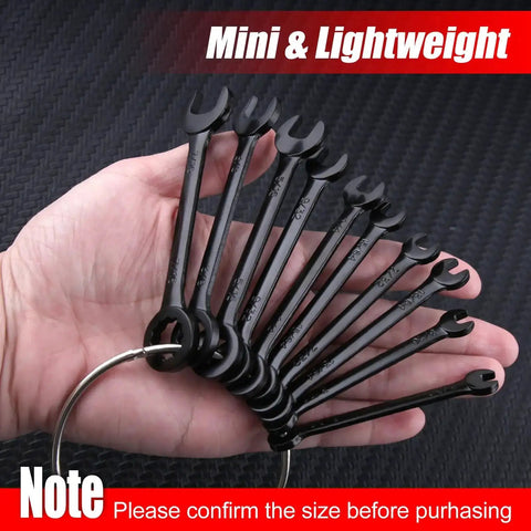 Hand holding Mini SAE Ten Piece Wrench Set With Open End And Box End Wrenches Zipper Bag And Key Ring For Small Fasteners