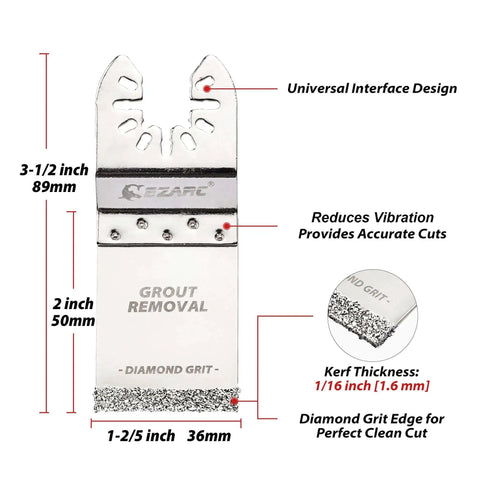 Diamond Grit Flush Cutting Oscillating Blade Set For Grout Removal And Mortar Cleanup Provides Precise Clean Cuts And Long Lasting Life EZARC 3 Pack Great For Tough Grout Jobs, showing blade dimensions and features.
