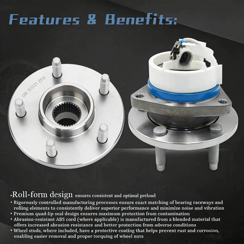 Single Front Wheel Hub Bearing Assembly, Fits Chevy Impala Monte Carlo Uplander Venture Buick Regal Century Lucerne Cadillac DeVille DTS Seville Pontiac Montana 5-Lug ABS OEM 513121 12429204 with ABS sensor features.