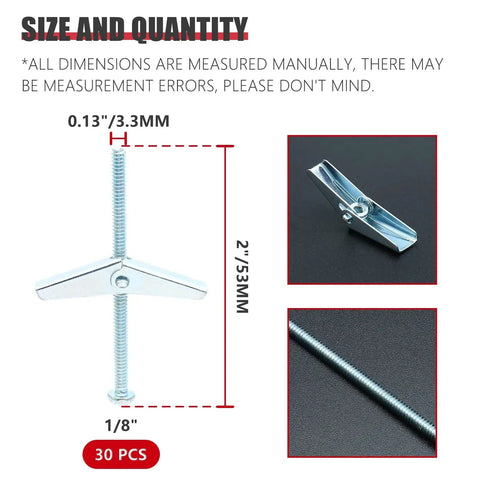 Diagram showing dimensions of 30 Pack 1/8 Inch Metal Toggle Bolts 1/8 By 2 Inch Galvanized Anchor Bolts with wing nut and screw.