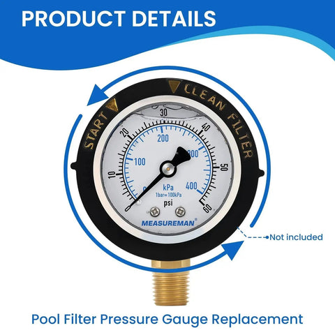 Pro-Grade Pool Filter Pressure Gauge Replacement 0-60 PSI with 2 Inch Dial Bottom Mount 1/4 NPT Stainless Steel Oil Filled Waterproof by MeasureMan