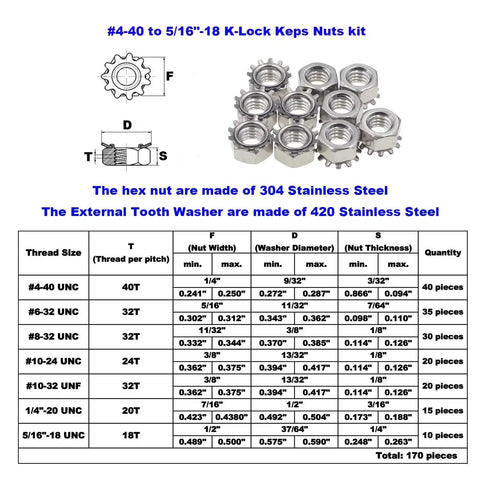 Stainless Steel Keps Nuts With K-Lock Lock Washers And Tooth Washers Hex Nuts Assortment Kit 170 Pieces Sizes 4-40 To 5/16-18 UNC