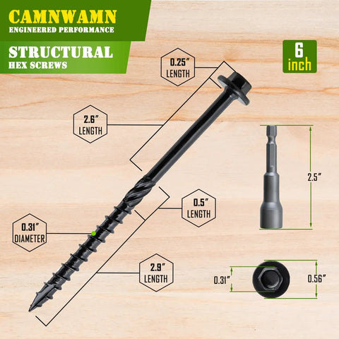 Heavy Duty Wood Screws Pack Of 50 Size 14 By 6 Inches With Hex Head And Hex Socket Black Alloy Steel for decking and fencing