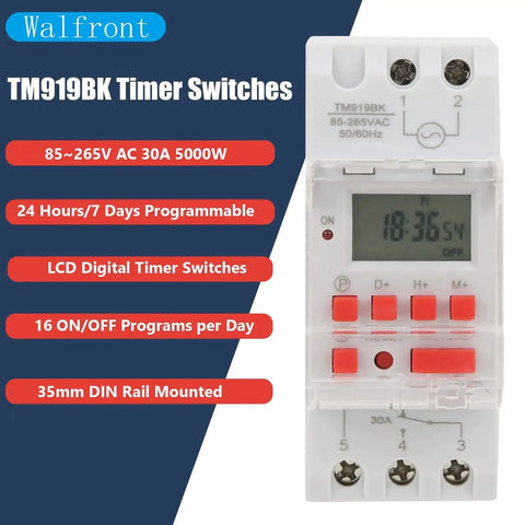 Programmable Digital Timer Switch 85 To 265V 30A With LCD Countdown Display, 24 Hours 7 Days Scheduling, 16 On Off Settings