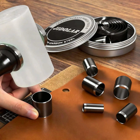 Pro Grade Leather Circle Cutter Tool Set 34-Piece Circle Punch Kit for DIY Leathercrafts With 1mm to 25mm and 30 to 60mm Sizes in use on leather.