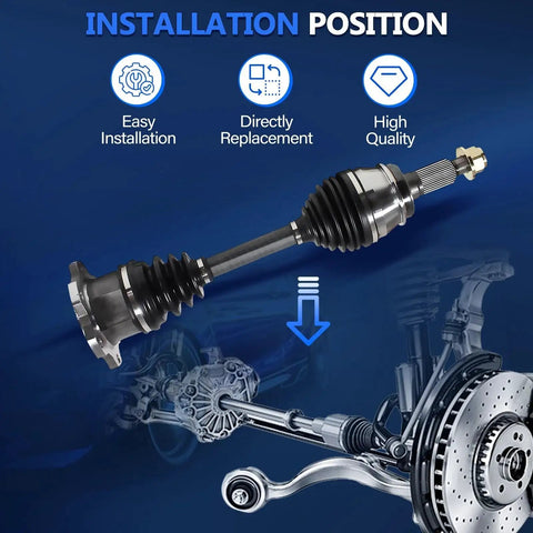 Front 4WD CV Axle Set For Chevy Silverado 1500 Tahoe Suburban K1500 1988-2007 And GMC Sierra 1500 Yukon XL 1500 Cadillac Escalade ESV EXT 99-2005 Premium High Quality Replacement, highlighted against a blue background with installation features displayed.
