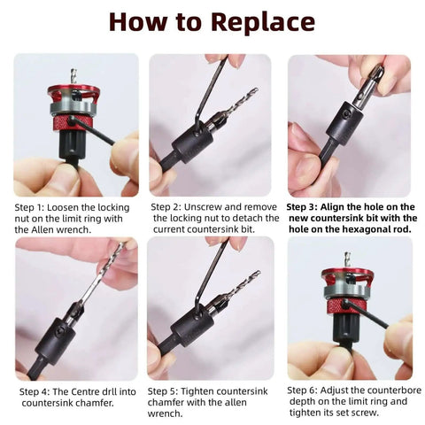 Step-by-step guide for replacing bits in 7-Piece Countersink Drill Bit Set With Aluminum Stop Collar And Wrench