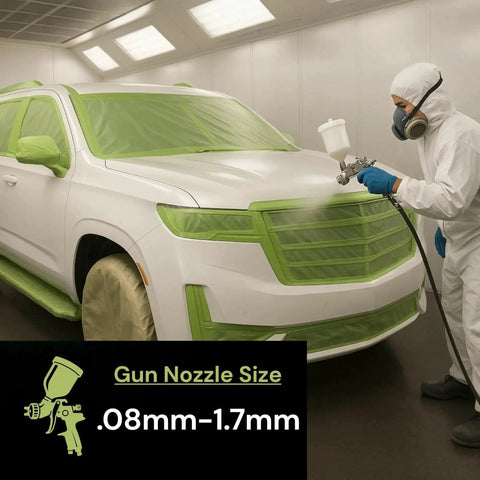 Person applying 2K Clearcoat Kit With Hardener 4 To 1 Mix High Gloss Top Coat on car in spray booth, nozzle size visible