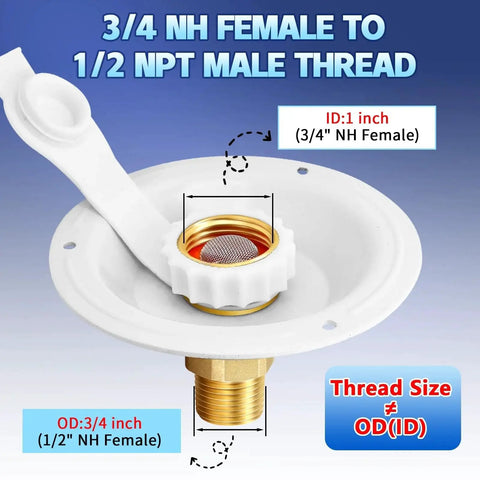 RV City Water Inlet With Check Valve For Safe Drinking Water Three Quarter NH Female To One Half NPT Male Thread Lead Free Brass City Water Inlet Flange With Dust Plug