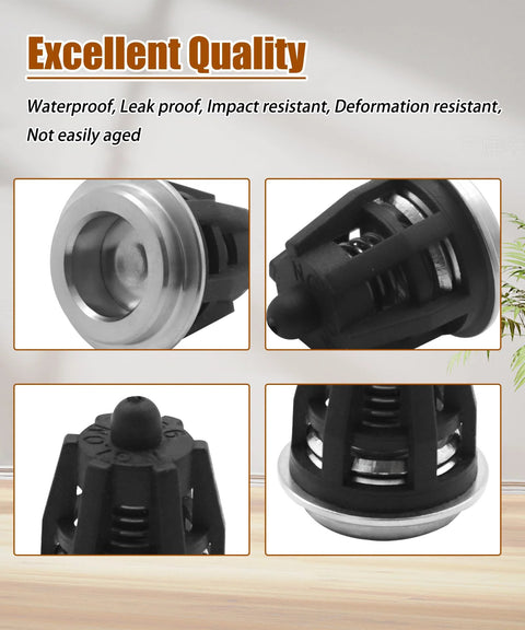 6-piece pressure washer check valve kit for Mi-T-M pumps; black plastic bodies with metal rings, four-view collage