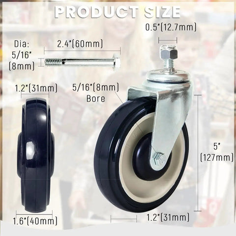 Shopping Cart Wheels Replacement Set 5 Inch TPU Casters shown with dimensions and hardware, includes 2 stemless and 2 stem threaded wheels