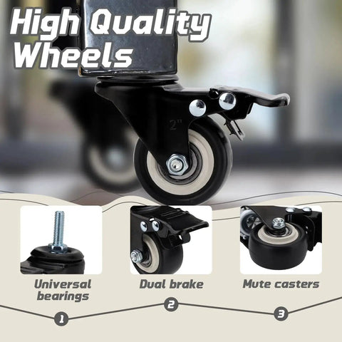 Dual Locking Casters Set Of Four Heavy Duty 330 Lbs Capacity With Five Sixteenth Inch Stem Diameter And One Inch Stem Length 360 Degree Swivel Wheels For Furniture Wire Shelving And Carts Secure Locking Mechanism Fits Standard American Sizing, showing wheel and brake close-up.