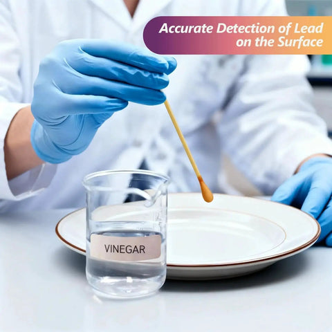 Person using 120 Swabs Lead Test Kit For Home Use With Quick 30 Second Results Detects Lead In Paint Ceramics Toys Jewelry Metals Crockery Woodwork And More Value Pack to test a plate with vinegar.