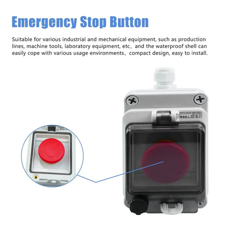 Outdoor IP67 Waterproof Emergency Stop Button With Enclosed Box 660V 10A Quick Shutoff E Stop Push Button Switch front view