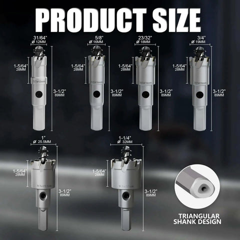 Upgrade Heavy Duty Carbide Hole Saw Kit With 10 Pieces Including 4 Extra Titanium Plated Pilot Center Drills And 2 Springs For Hard Metals Like Stainless Steel And Iron In Sizes 12mm 16mm 18mm 19mm showing various saw sizes and triangle shank design.