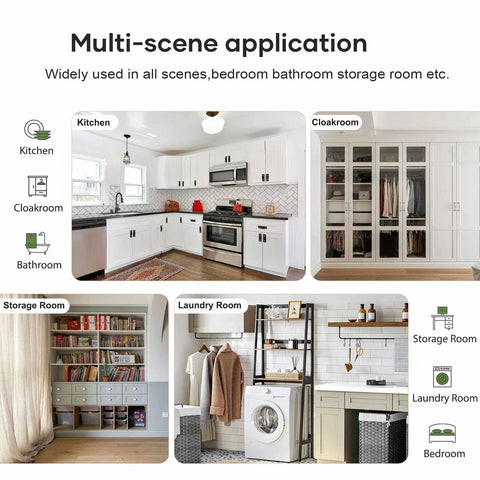 Multi-scene application images showing spaces including kitchen, cloakroom, storage, and laundry room
