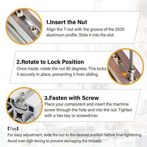 Instructional steps for installing 200 Pieces 2020 Series M5 T Nuts Hammer Head Fasteners Nickel Plated Carbon Steel T Slot Nuts For Aluminum