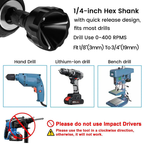 Versatile Hex Shank Deburring Tool With Carbide Blade Hakkin Pro Grade 2 Pack External Chamfer Drill Bit Set shown with drills.