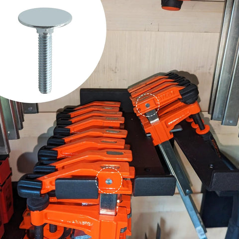 Orange bar clamps on a shelf with black pads; inset shows a zinc bolt.
