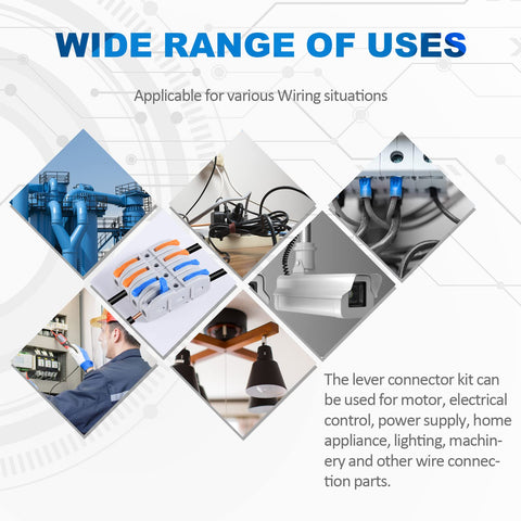Lever wire connector kit, 60-piece multicolored inline splicing connectors for 28-12 AWG wires, collage of wiring