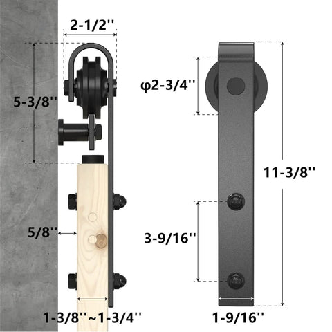 Diagram of barn door pulleys with measurements for Antique Style 15 Foot Double Sliding Barn Door Hardware Roller Track Kit Black Finish.