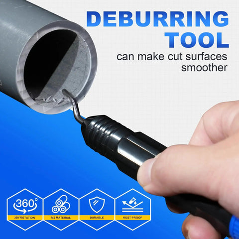 Deburring tool smoothing pipe edge with focus on design features and hand using Beast Mode Heavy Duty Ratchet Pipe Cutter For PEX PVC PPR Hoses Up To 2 1/2 Inches With Deburring Tool Included Aluminum Alloy Body SK5 Blade And Teflon Coated For Ultra Clean Quick Cuts Pacmann.