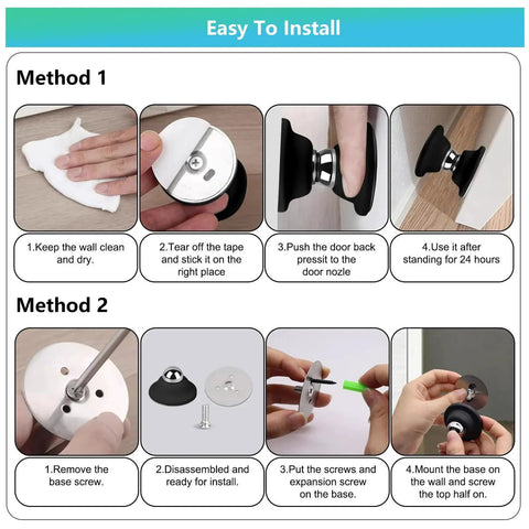 Installation guide for RV Magnetic Door Catch Set 2 Pack showing steps for attaching door holder in campers and travel trailers.