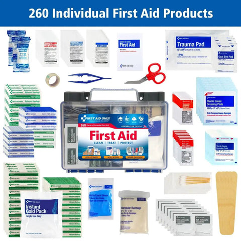 OSHA Compliant First Aid Kit For 50 People With 260 Pieces displayed with bandages, scissors, gauze, gloves, and more emergency supplies