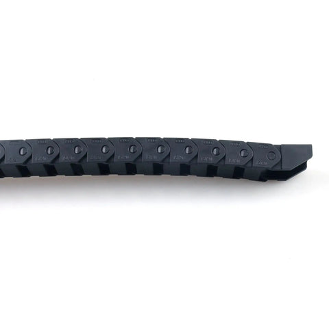 Side view of black Drag Chain Cable Carrier 15x20mm Internal Size 1m Length Plastic Semi Enclosed Wire Guide for CNC Machines and Robotics