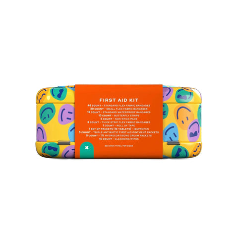 Everyday First Aid Kit With Flexible Fabric Bandages in colorful tin with product label.