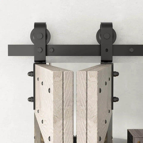 Embossed Bi Fold Barn Door With Sliding Hardware Kit In Dark Walnut Aged Barrel Finish, 3D Texture Pine Wood Surface, Handcrafted